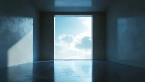 Minimalist Room Opens to Serene Sky and Clouds