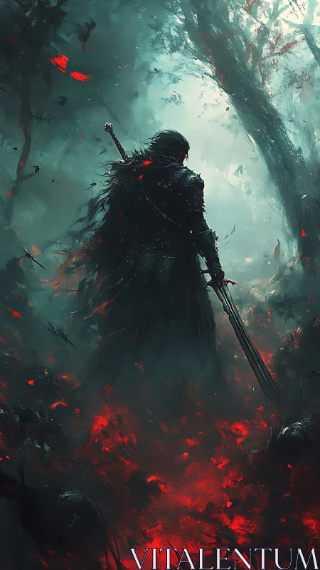 Cloaked warrior in burning forest with dual swords drawn.