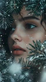 Snow-kissed gaze hidden in whispering winter pines.