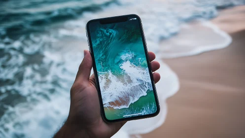 Hand cradles smartphone as ocean waves mirror on screen