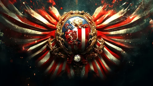 Heraldic crest overlays radial red and white striped banner