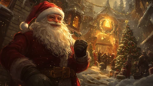 Santa in snowlit village street, golden bokeh and festive crowd