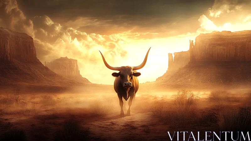 Longhorn cattle in sunlit desert canyon landscape scene.