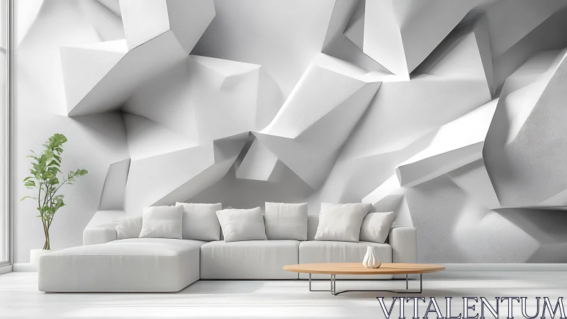 Minimalist living room with sculptural geometric wall art.