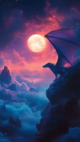Moonlit dragon surveys glowing clouds from a cliff peak.