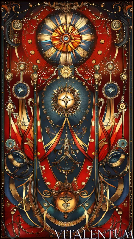 Ornate symmetrical abstract with celestial emblems.