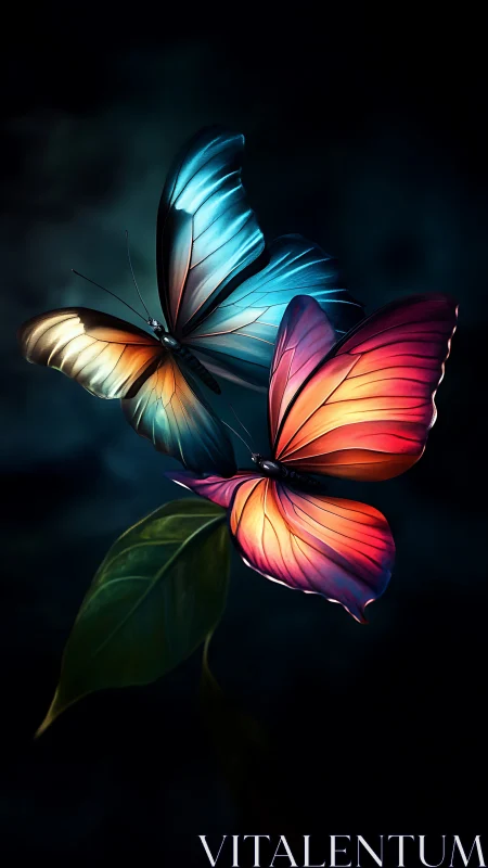 Bioluminescent gradient butterflies over single leaf in dark field