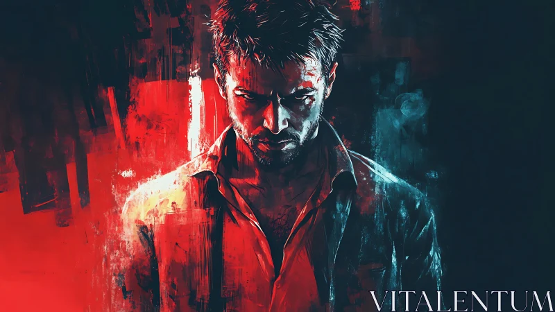 Rogue in crimson shadow caught between firelight and frost.