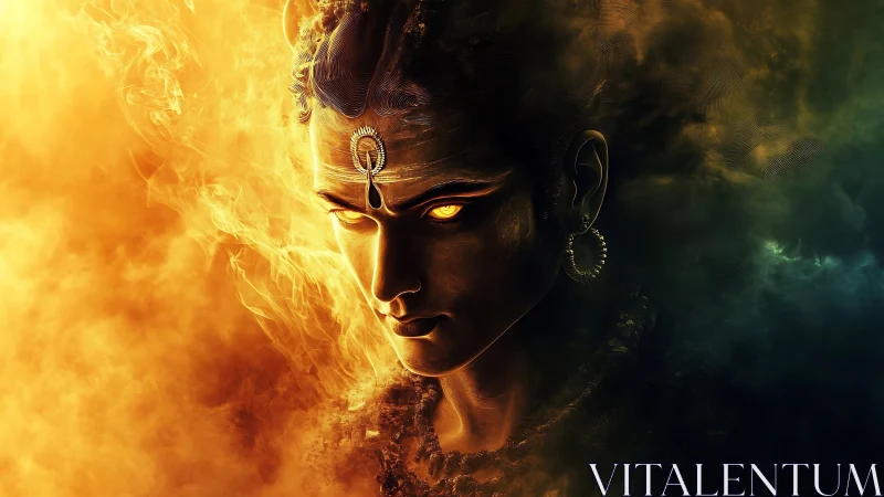 Bimodal elemental deity portrait in volumetric fire fog field.