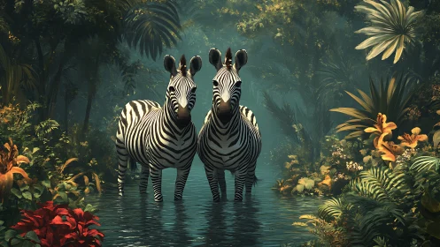 Two zebras stand in lush tropical river jungle clearing.