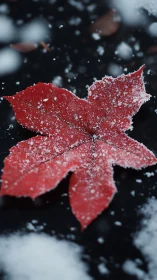 Macro capture of red maple leaf with granular fresh snow detail