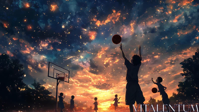 Youth basketball silhouettes under vivid sunset sky.