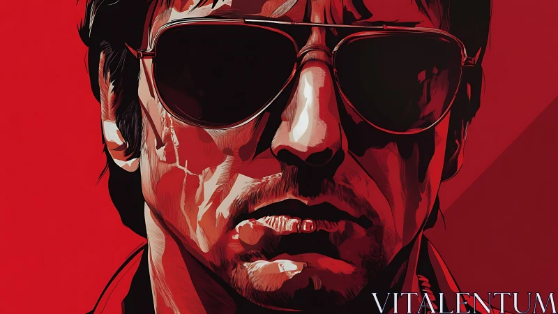 Stylized male portrait in red with sunglasses and shadows.