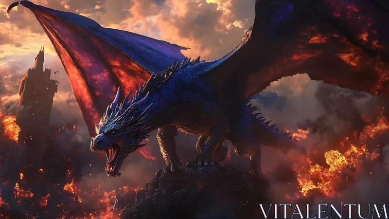 Stormscale dragon crowns a burning citadel at dusk.