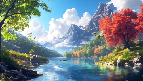 Mountain lake landscape presents mixed seasonal foliage