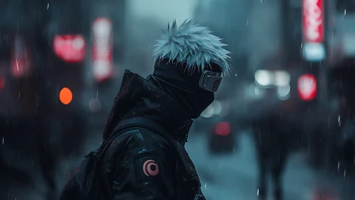 Neon rain crowns a masked wanderer in cyberpunk dusk streets