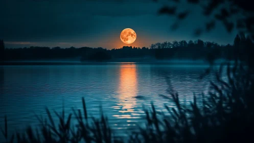 Full moon rises over calm lake with bright reflected light