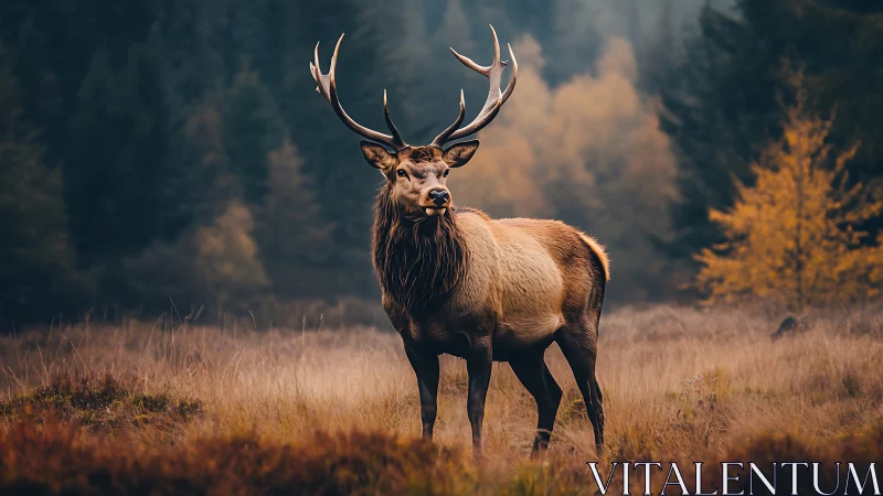 Male elk standing in autumn meadow with forest backdrop.