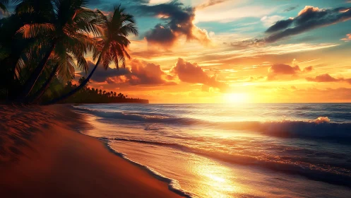 Tropical shoreline ignites under vivid sunset light.