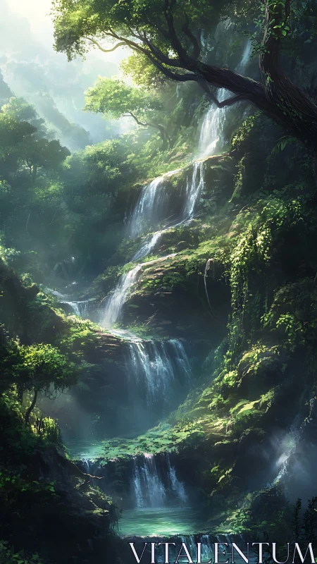 Stepped forest waterfalls descending through dense vegetation.