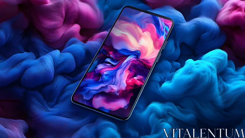 Modern smartphone on vibrant abstract background, digital art style.