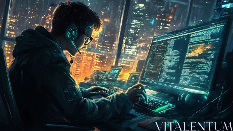 Midnight coder bends neon city light into flowing code.