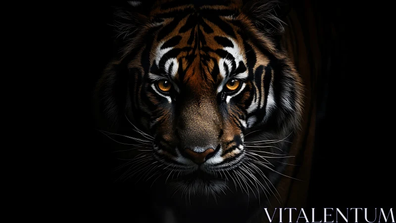 Tiger face rendered in sharp detail against deep black background