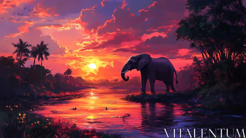 Elephant stands beside river under dense red sunset sky