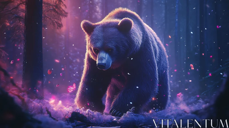 Bioluminescent forest bear under volumetric twilight scattering.