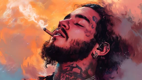 Vibrant portrait of tattooed smoker in glowing clouds.