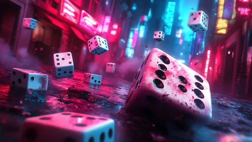 Neon-soaked street dice cascade under cinematic cyberpunk glow