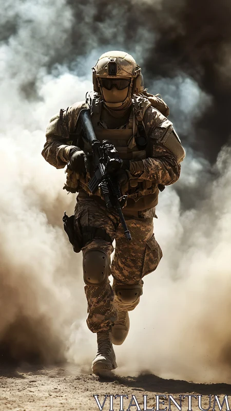 Armored soldier advances through dense battlefield dust clouds