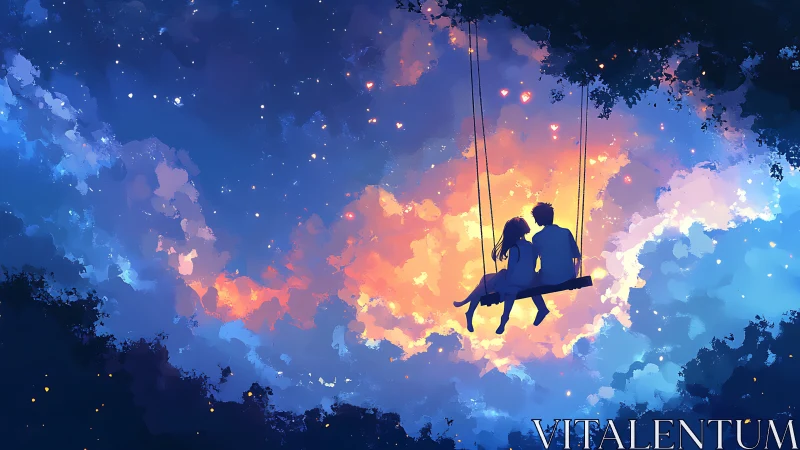 Two figures on a swing suspended above luminous clouds at dusk