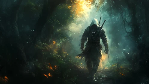 Hooded swordsman traversing volumetric-lit spectral forest.