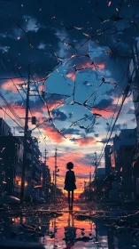 Twilight streetwalker beneath a shattering painted sky.