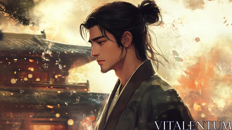 Thoughtful samurai figure before warm autumn temple scene.