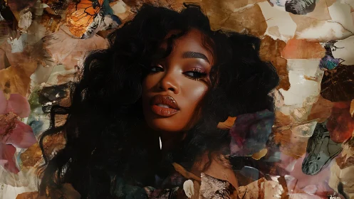 Radiant woman framed by dreamy petals and soft butterflies.