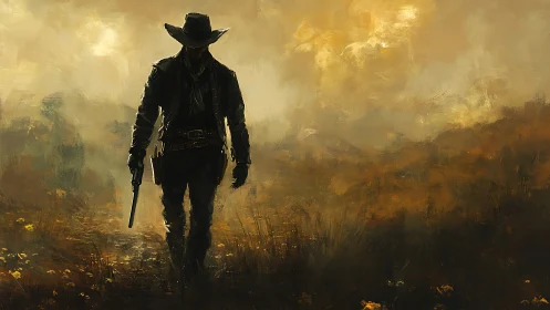 Moody digital painting of lone gunslinger in hazy frontier dusk.