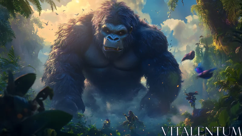 Gentle jungle giant striding through glowing dream forest.