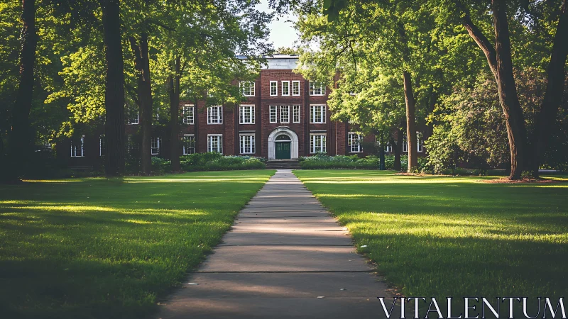 Red brick campus hall framed by sunlit green trees.