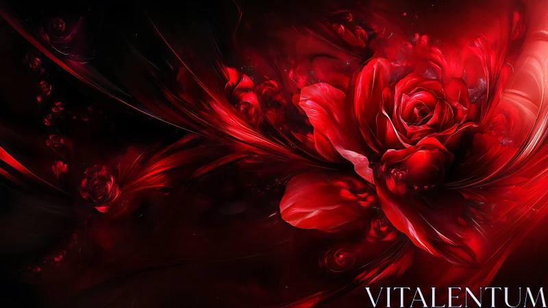 Velvet red roses swirling through a dreamy midnight bloom.