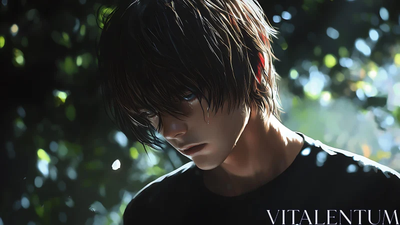 Quiet tears in dappled sunlight, a soft moment held still.