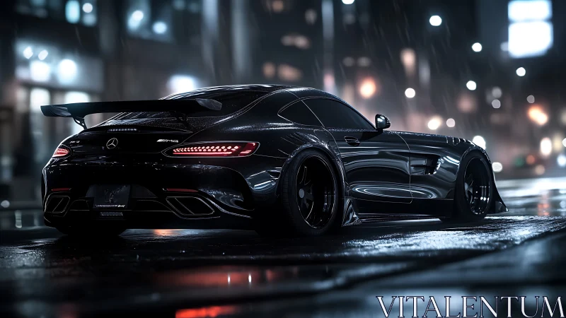 Black performance coupe on wet night city street in rain.