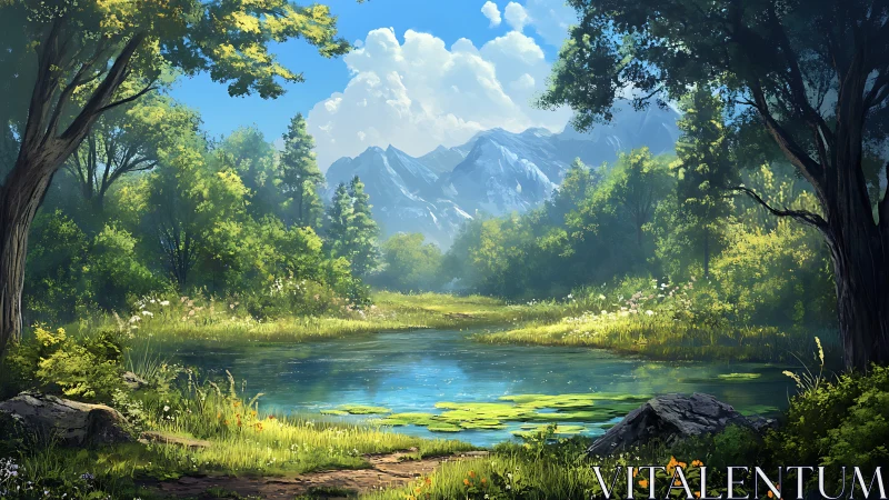 Mountain lake glows under crisp midday light, lush forest surrounds.