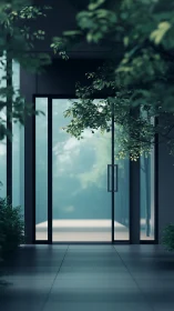 Glass threshold where quiet foliage frames a misty horizon.
