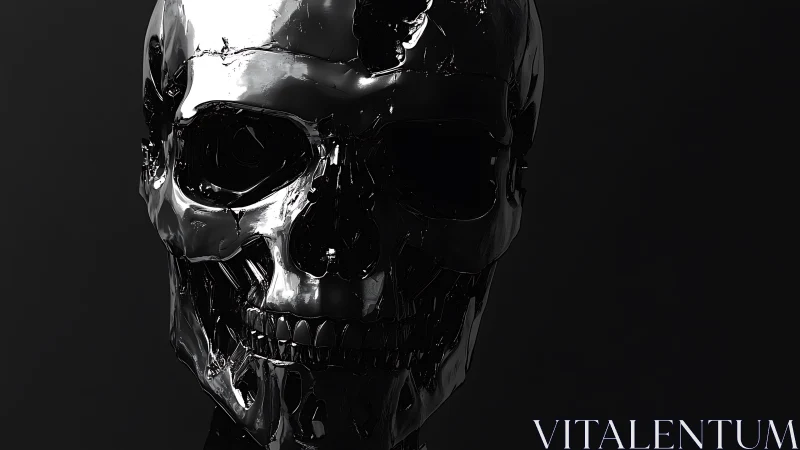 Polished black metallic skull rendered against dark background.