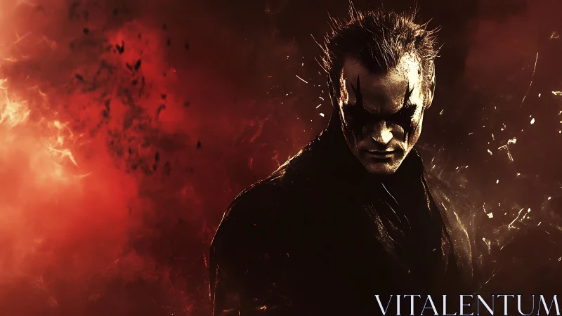 Brooding dark jester rises from a storm of embered shadows.