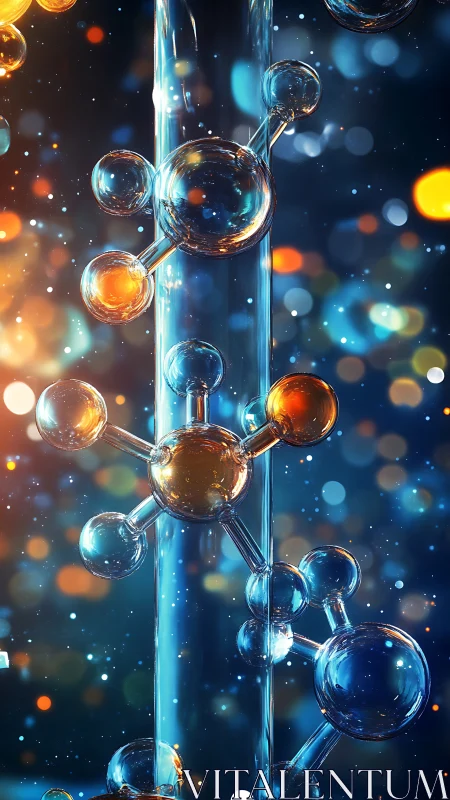 Glasslike molecular structure with glowing bokeh backdrop.