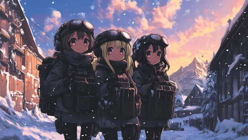 Anime winter patrol girls crossing snowy alpine village street.
