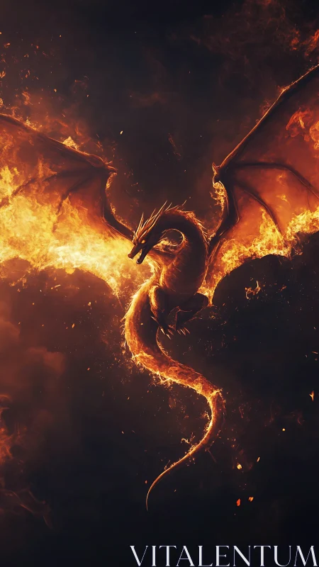 Infernal dragon soars through blazing volcanic night sky.